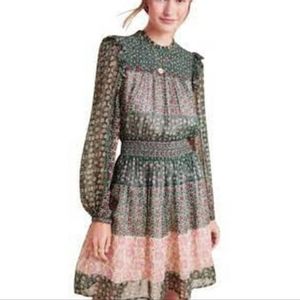Anthropologie Riannon Print Long Sleeve Smocked Dress Size XS
